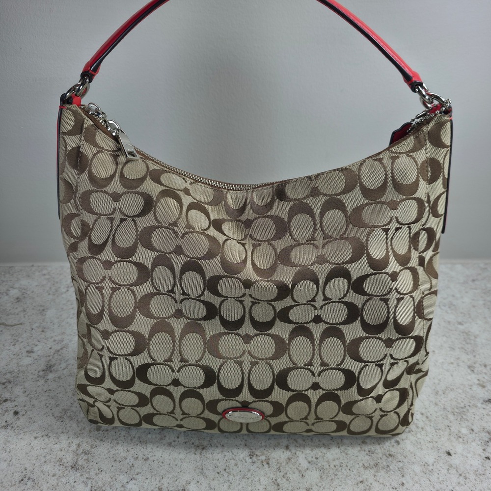 Coach Signature C Khaki Brown Red Leather Trim Shoulder Crossbody Bag F29959